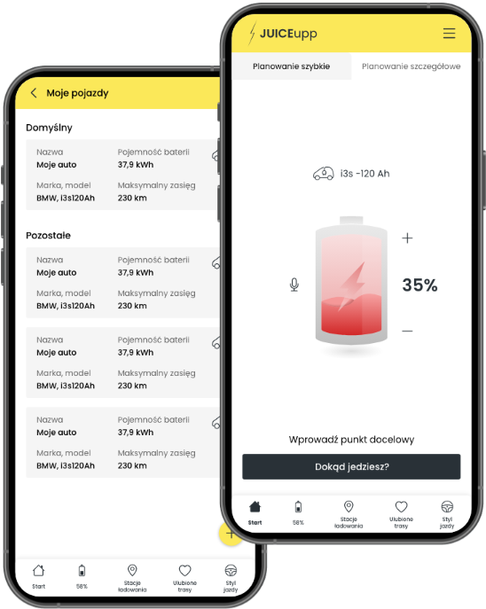 Ekran smartfona z aplikacją JUICEupp, pokazujący szczegóły dotyczące pojazdów elektrycznych i poziom baterii