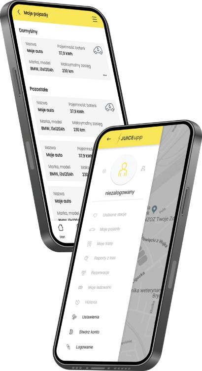 Dwa smartfony z interfejsem aplikacji JUICEupp, przedstawiające zarządzanie pojazdami i stacjami ładowania
