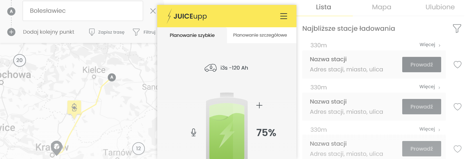 Ekran aplikacji JUICEupp pokazujący trasę planowania ładowania pojazdu elektrycznego i listę najbliższych stacji ładowania.